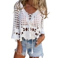 thumbnail image 2 of Women Crochet Cardigan Tie Front Hollow Out Long Sleeves Summer Knit Cover Cardigan White One size, 2 of 10