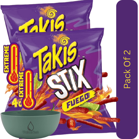 Takis Fuego Stix Corn Snack Sticks Hot Chili Pepper & Lime Crunch 4 oz Snack Size Bag With Olive Green Bowl By ValueNest