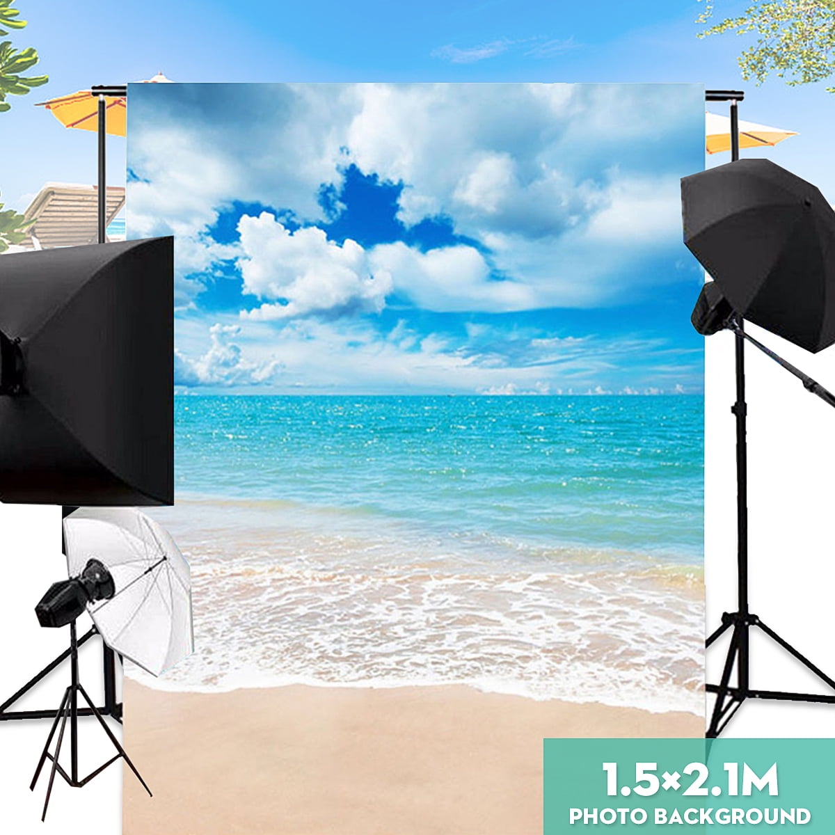 MEHOFOND 7x5ft Summer Beach Backdrop Banner Tropical Seaside Ocean Palm Trees Photography Background for Picture Blue Sea Sky Sunshine Birthday Wedding Party Decorations Photo Booth Studio Props 