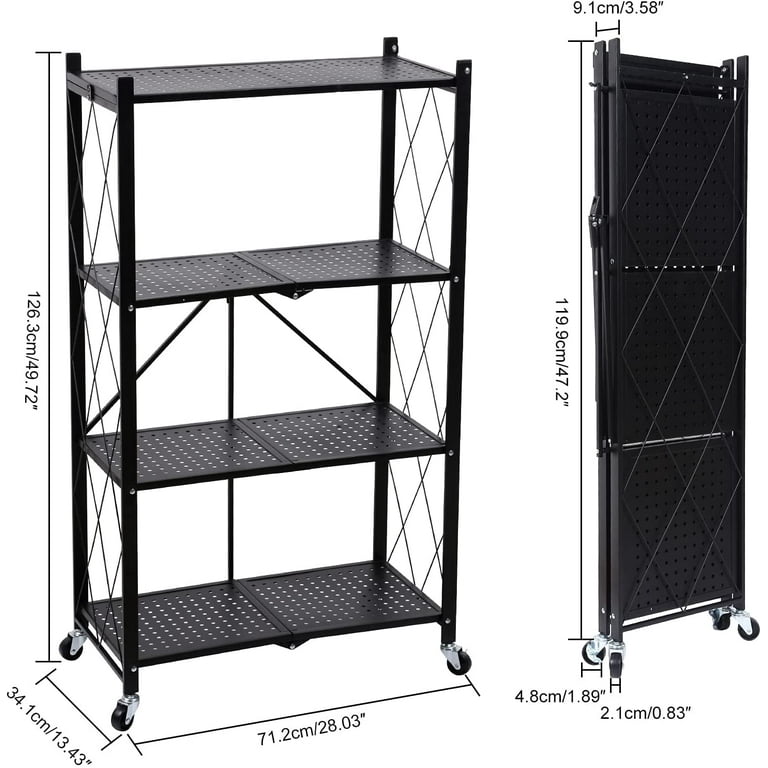 HealSmart 3-Tier Foldable Metal Heavy Duty Storage Shelving Unit with  Wheels, Organizer Shelves for Garage Kitchen Holds up to 750 lbs Capacity,  Black