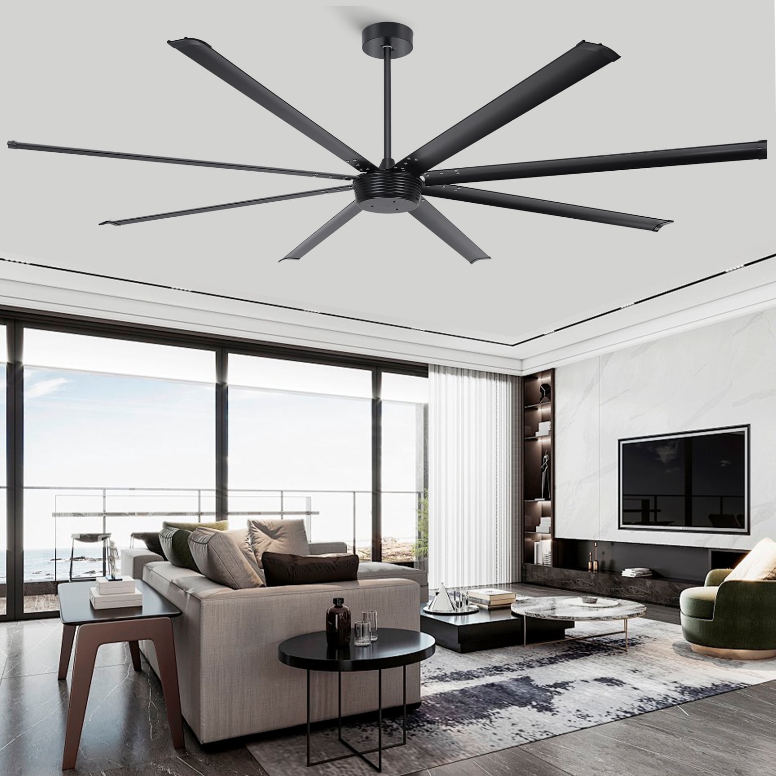 Ohniyou 96" Industrial Ceiling Fan No Light, Remote/APP Controlled, DC Motor High CFM Large Metal Fan with 8 Aluminum Blades for Shop Warehouse Gym, Black