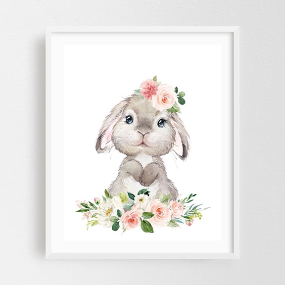 Cute Bunny, Rabbit, Forest Animals, Woodland Animals, Boho, Pink Flowers, Girl Nursery - Illustration Watercolor Animal Floral Whimsical White Framed Wall Art Print 16 x 20 inches