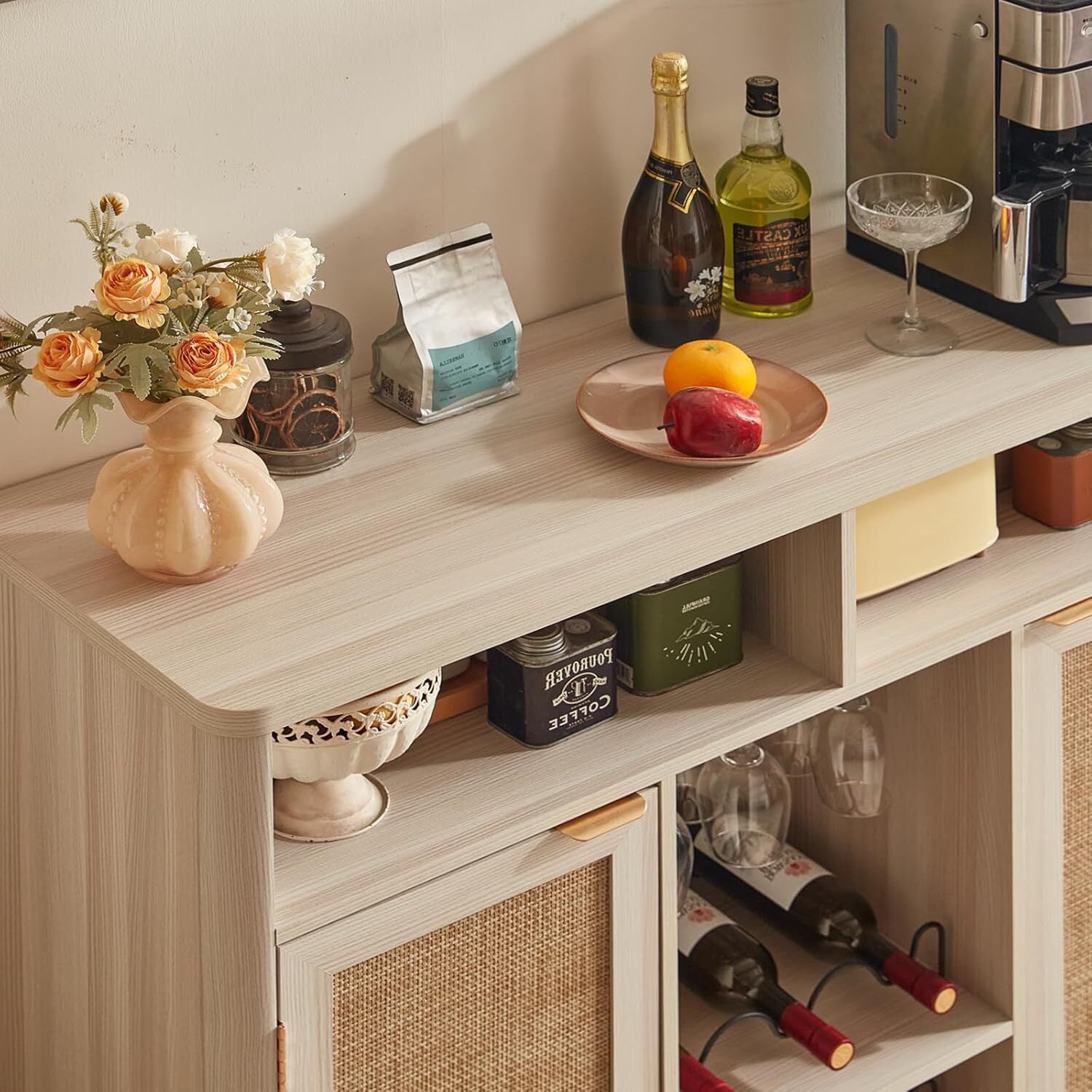 Joaxswe 47.2" Sideboards Buffets Cabinets with Doors, Boho Rattan Kitchen Storage Cabinets with Adjustable Shelves, Coffee Bar Station in Grey White