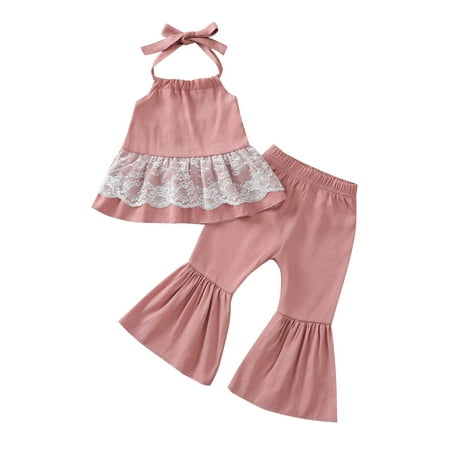 

Summer 2Pcs Little Girls Outfit Sweet Style Lace Splicing Sleeveless Hanging Neck Tops + Solid Color Long Bell-bottomed Pants Set