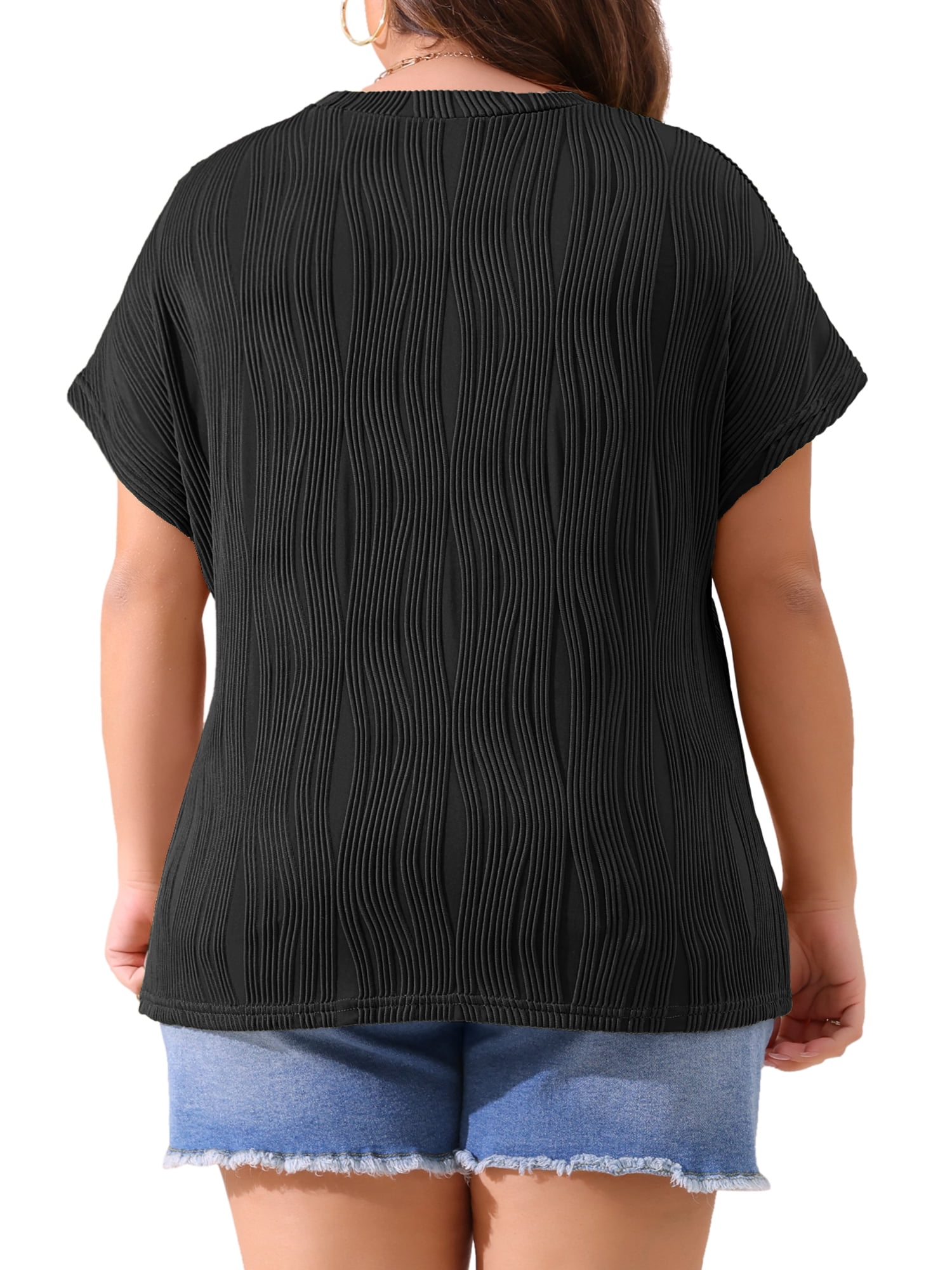 Women's Plus Women's Short Sleeve Textured Tops Crewneck Casual T Shirts 4X Black
