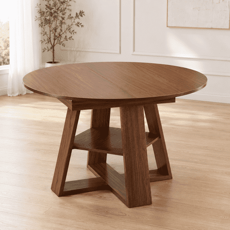 Extendable Round Dining Table for 4-8 Modern Kitchen Oval Dining Table with Removable Leaves Space Saving Wood Base with Storage Shelf for Kitchen Living Room (Walnut)