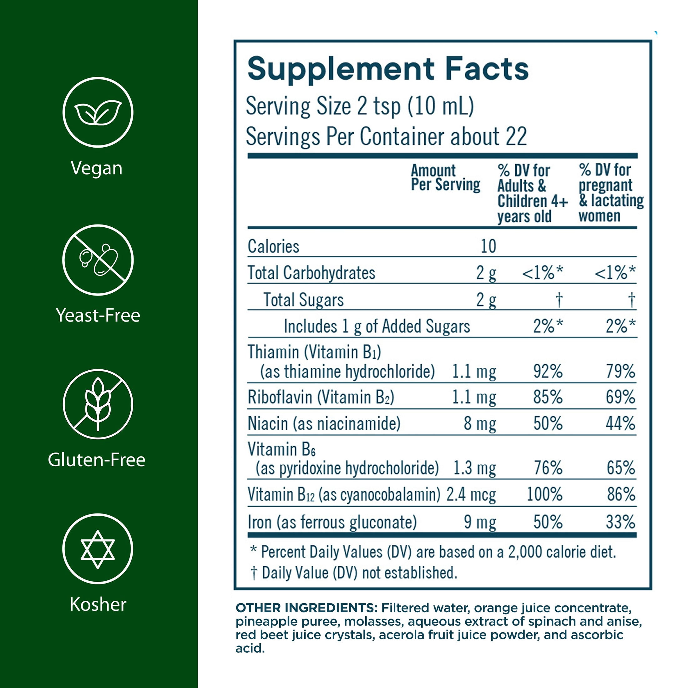 Flora Iron with B-Vitamin Complex - Non-Constipating, Highly Absorbable - Vitamin-B & Liquid Iron - Vegan Supplement - Gluten Free, 7.7-fl oz. Glass Bottle
