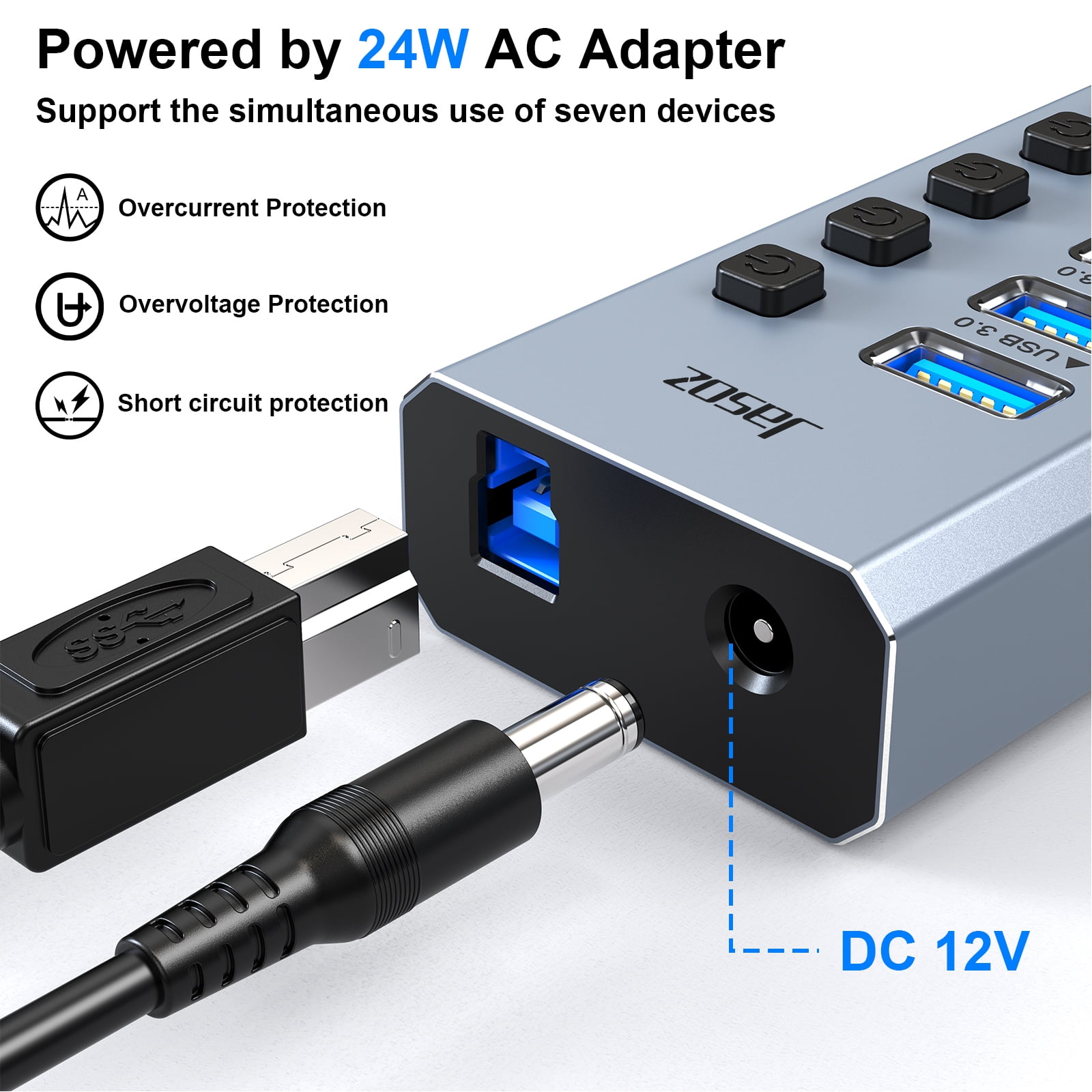 Powered USB Hub 3.0 with ac Adapter -7 USB 3.0 Data Transfer Ports, 4 Charging Ports with Individual On/Off Switches, Power Adapter Included