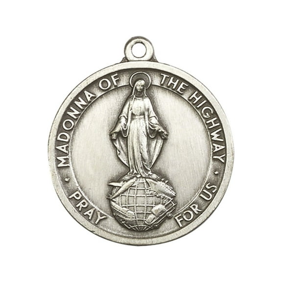 Antique Silver-Plated Our Lady of the Highway Keychain 1 1/4 x 1 1/8 inches