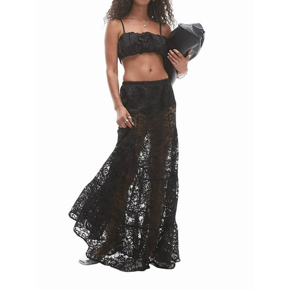 Women Lace Long Skirt Sheer Mesh Bodycon Maxi Skirts Elegant Summer Beach Coverups Black S