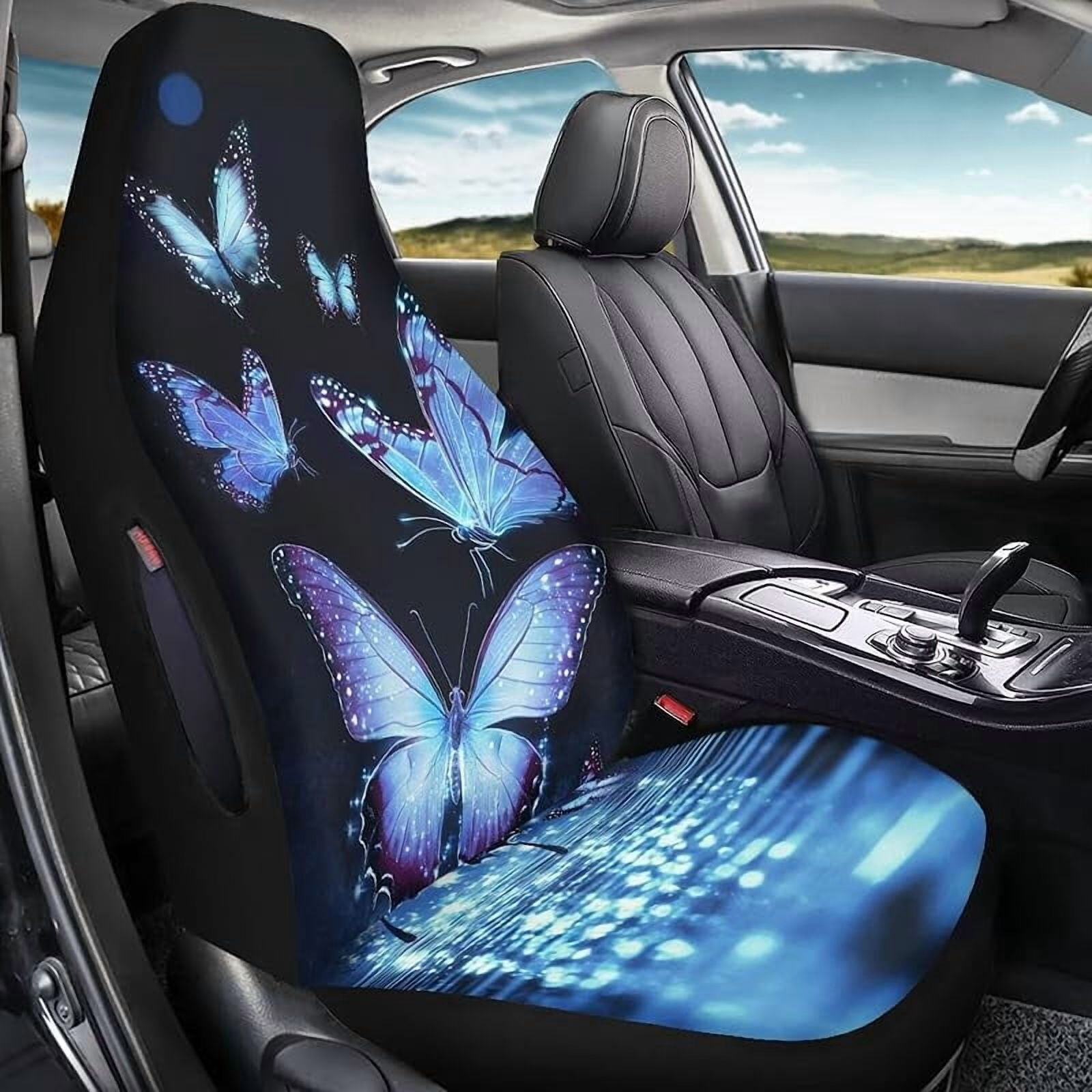 Blue Butterfly Shine Car Front Seat Cover Set Decorative Bucket Seat Covers Pack of 2 Waterproof Saddle Blanket Cushion Cover for SUV Sedan Trucks Vans