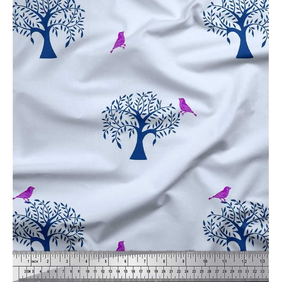 Soimoi Silk Fabric Bird & Tree Block Decor Fabric Printed Yard 42 Inch Wide