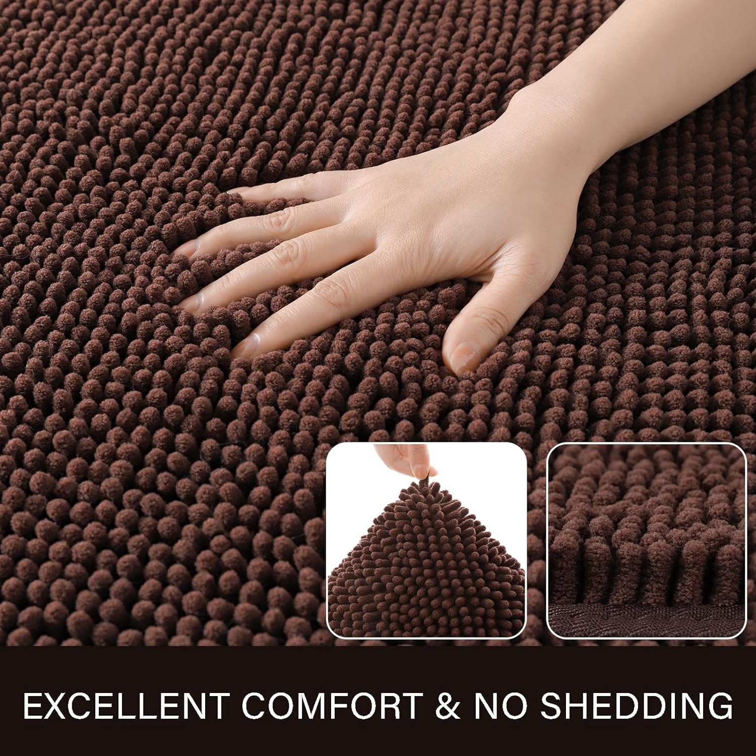 Luxury Bathroom Rug Shaggy Bath Mat 24 x 17 Inch, Washable Non Slip Bath Rugs for Bathroom Shower, Soft Plush Chenille Absorbent Carpets Mats, Brown
