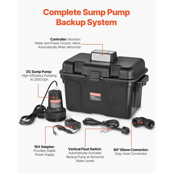 Basement Emergency Backup Sump Pump System, 2000GPH 0.17 HP, Battery-Powered with Alarm, Easy Installation for Home Flood Prevention