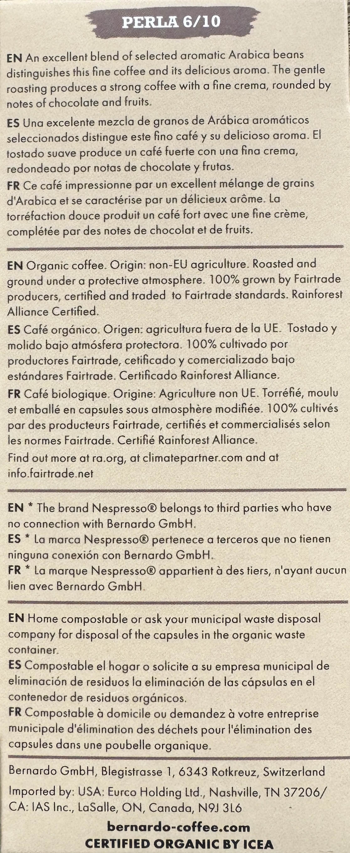 USDA Organic Bernardo PERLA Espresso | Home Compostable Pods | Nespresso Original Machines | PERLA 6/10 Strength 10 Packs of 10 (100 Capsules)