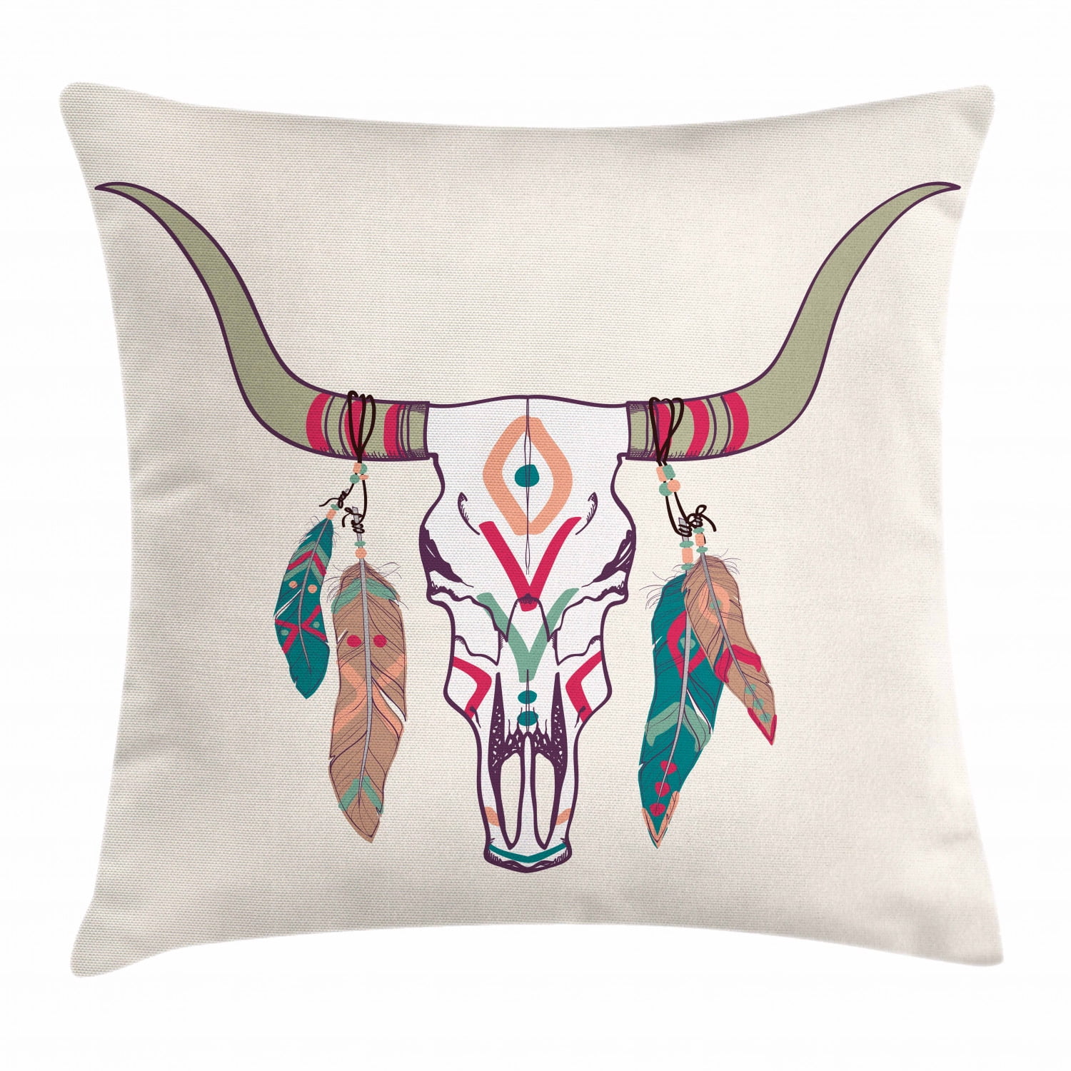 Tribal Throw Pillow Cushion Cover, Texas Longhorn Steer Cow Skull