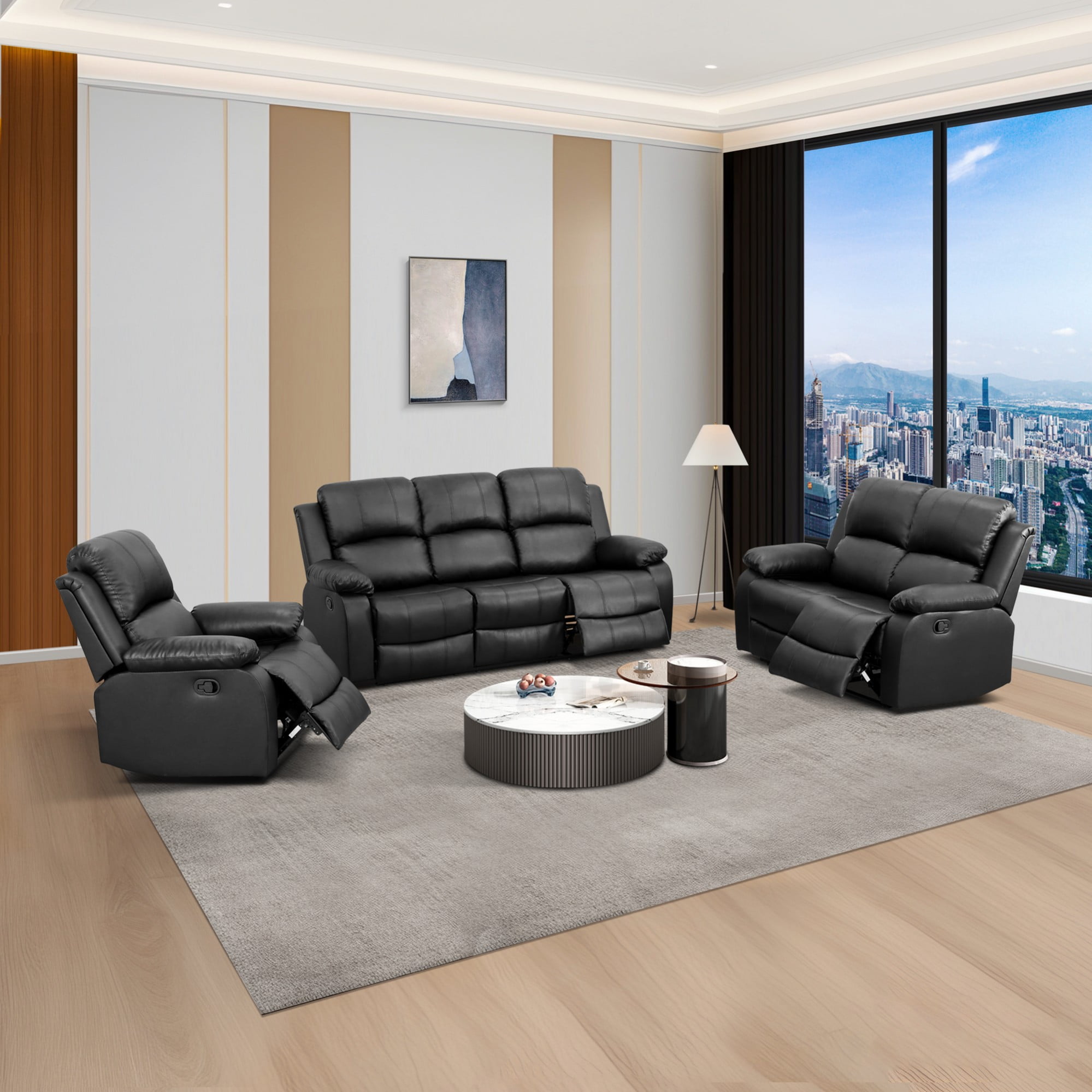 Gewnee Black 3-Piece Living Room Air Leather Recliner Sofa Set