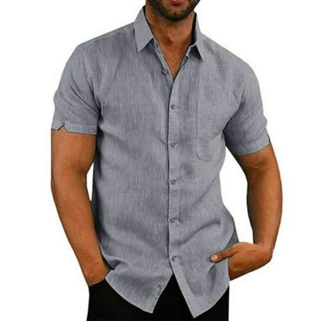 Mens Lin Manches Courtes Été Solide Chemises Décontracté en Vrac Bouton vers le Bas Robe Soft Tee Tops