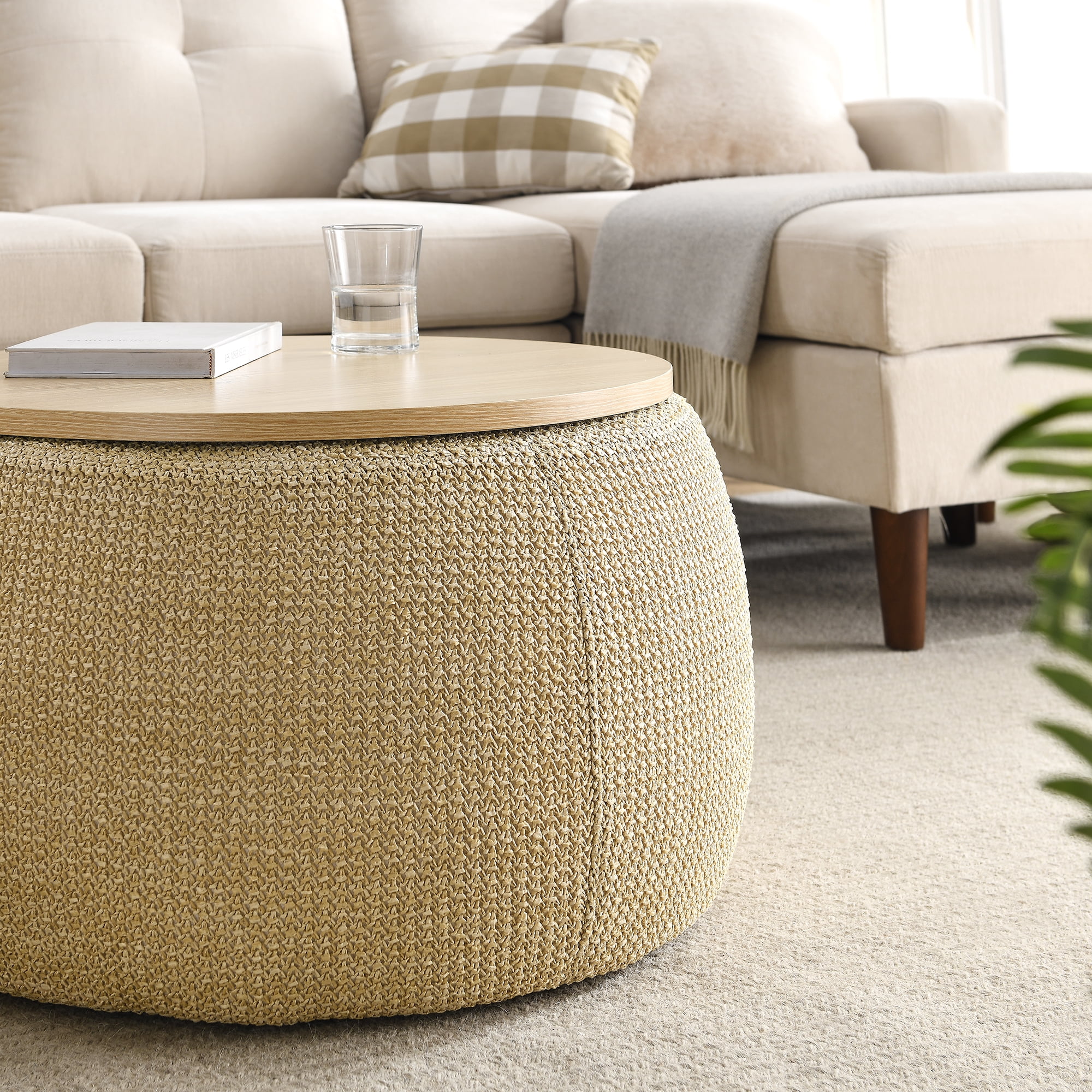 MOONMISS Round Storage Ottoman,25.5'' Foot Rest with Storage,Work as Side Table & Ottoman & Seat,Natural
