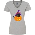 thumbnail image 3 of Inktastic Black Cat, Pumpkin, Cat With Witch Hat, Halloween Women's V-Neck T-Shirt, 3 of 5