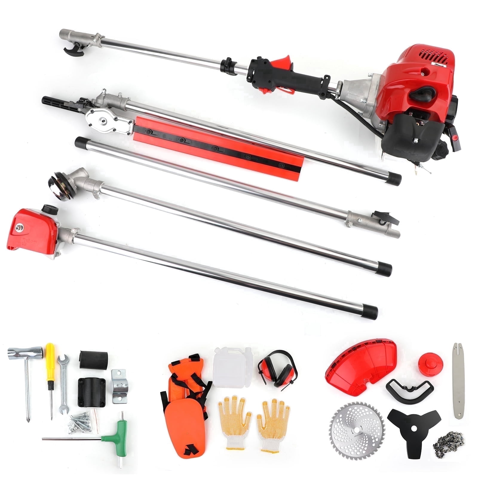 Hedge String Trimmer 52cc 2 Stroke 5 in 1 Gas Engine Multi Garden Tool Brush Cutter Edger Pole Saw Chainsaw Pruner with Extension Pole Trimming Combo Brushcutter Kit for Yard Lawn Care