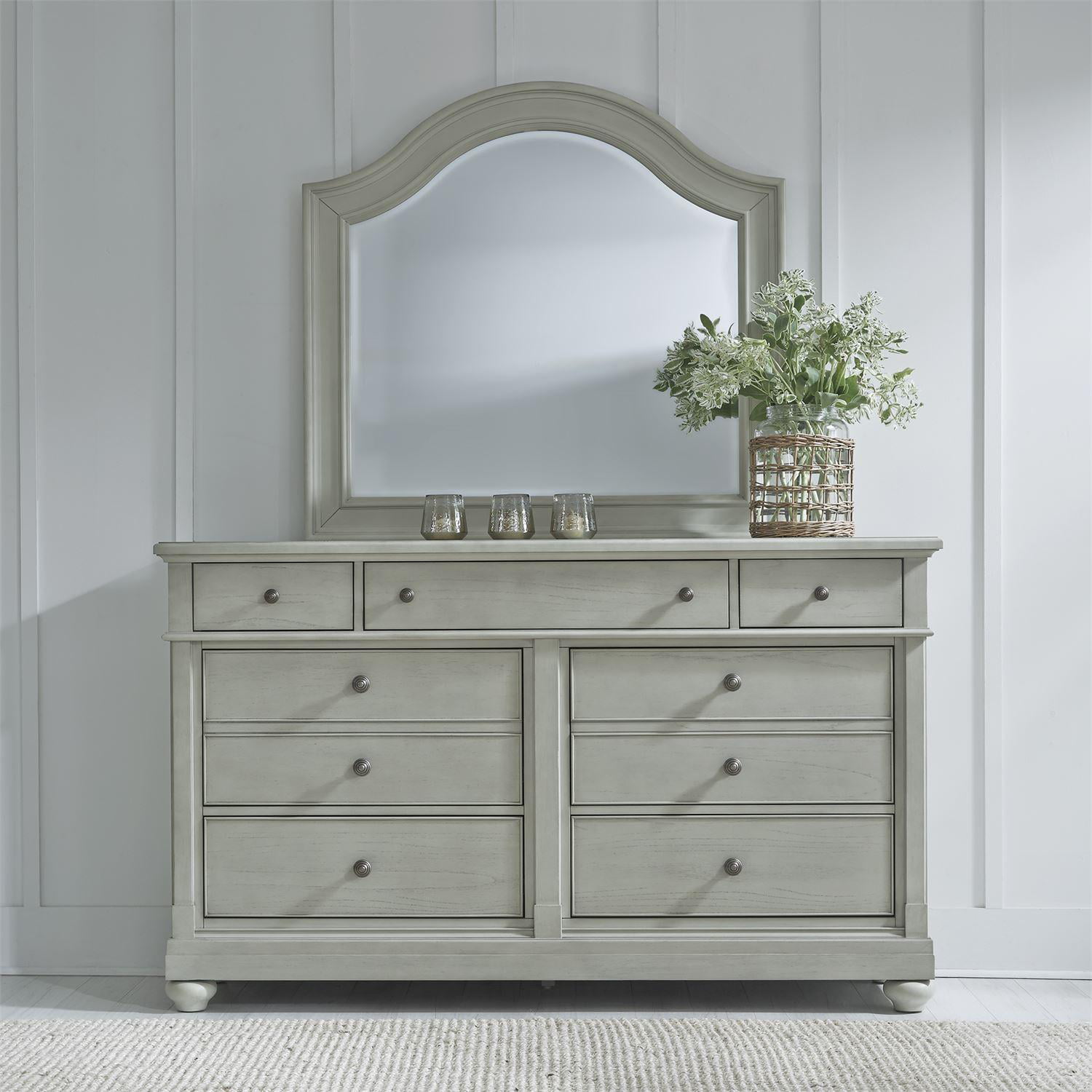 Cottage Gray Wood Combo Dresser, Drawer Combo Dresser With Mirror