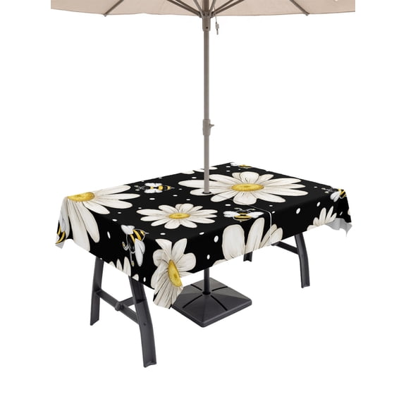 60x120 Inch Outdoor Tablecloth with Umbrella Hole Zipper Rectangle White Daisy Farmhouse Rectangular Tablecloths Outside Waterproof Garden Floral Honeybees Black Patio Table Cloth Cover for Picnic