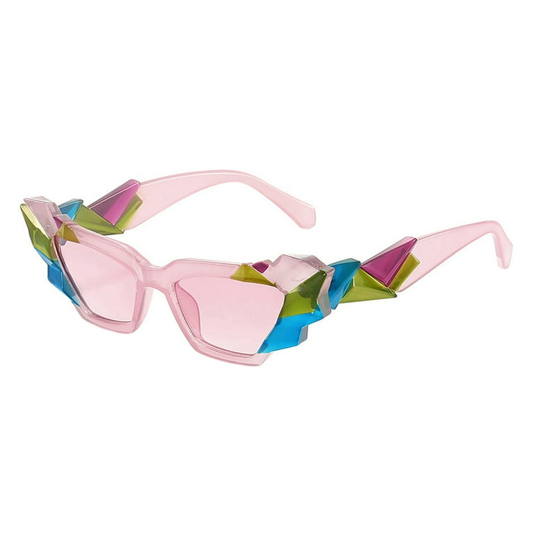 Women s Sunglasses Crystal Gem Cut Geometric Trapezoid Cat Eye Frame UV 400 Pink