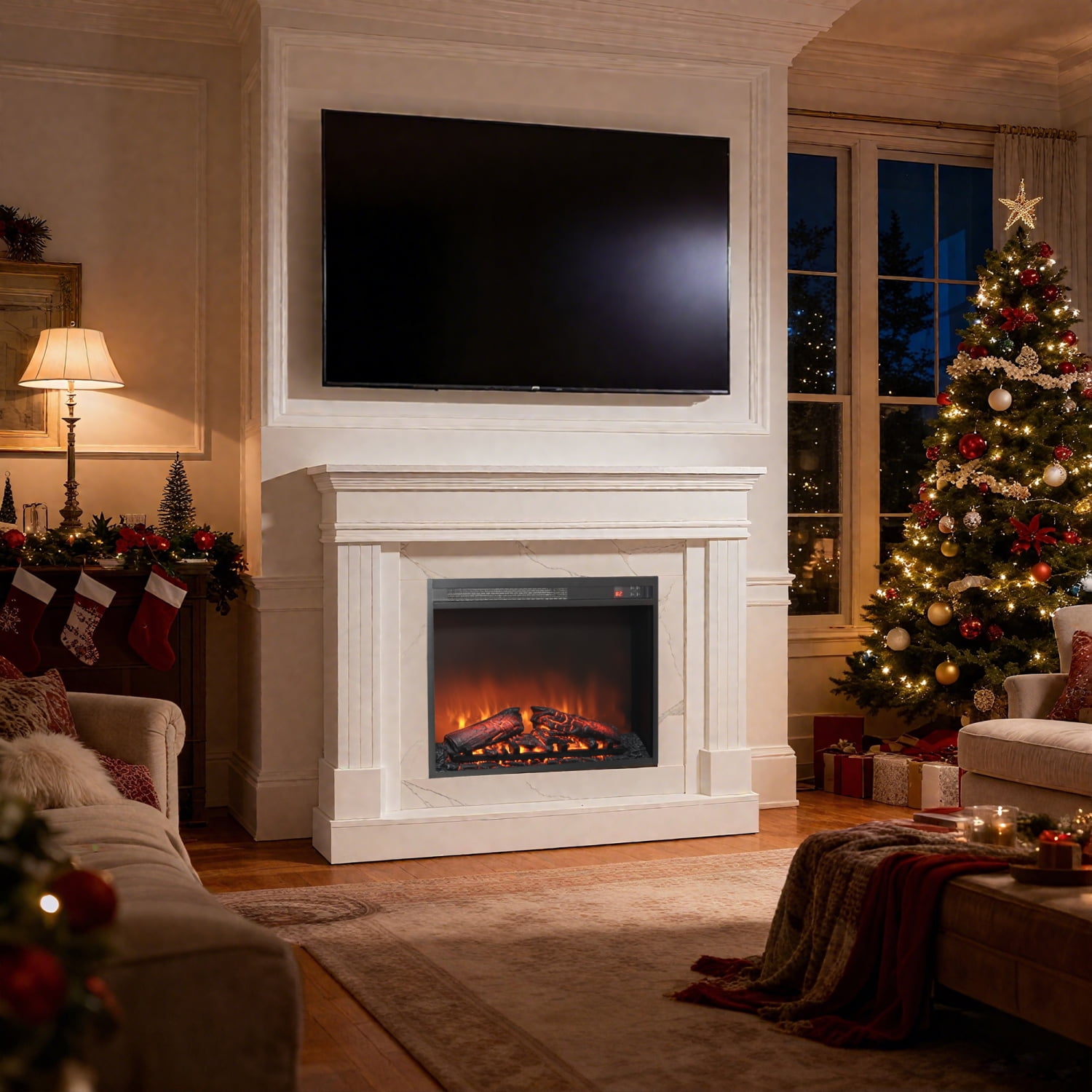 Lisonu 44" Nordic White Electric Fireplace Mantel with Realistic 3D Flame, Faux Stone Texture Surround & Remote Control for Cozy Living Room Decor
