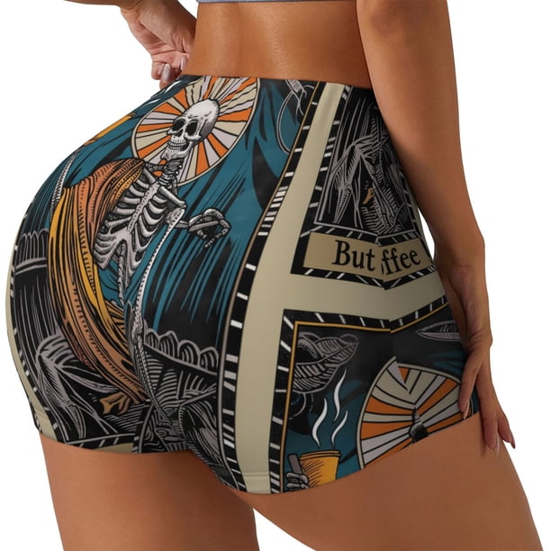 Fotbe Coffee-Drinking Skull Shorts Sin Costuras – Shorts Deportivos de Cintura Alta para Mujer, Elásticos para Gimnasio, Yoga, Running o Ciclismo-Small