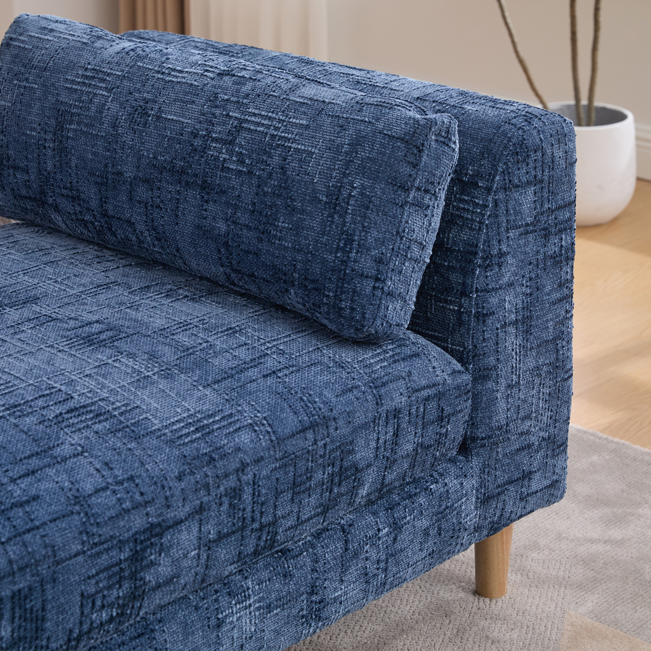 Noble House Torvane 83.1" Chenille Bed End Bench, Modern Chaise Lounge with Bolster Pillows and Wood Legs, Blue