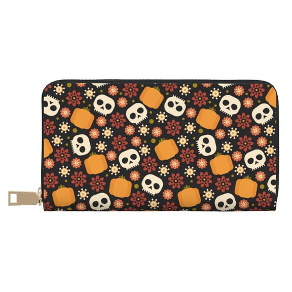 Leather Thin Slim Wallets for Women Men - Skulls Clutch Card Wallet for Women Men with Zipper