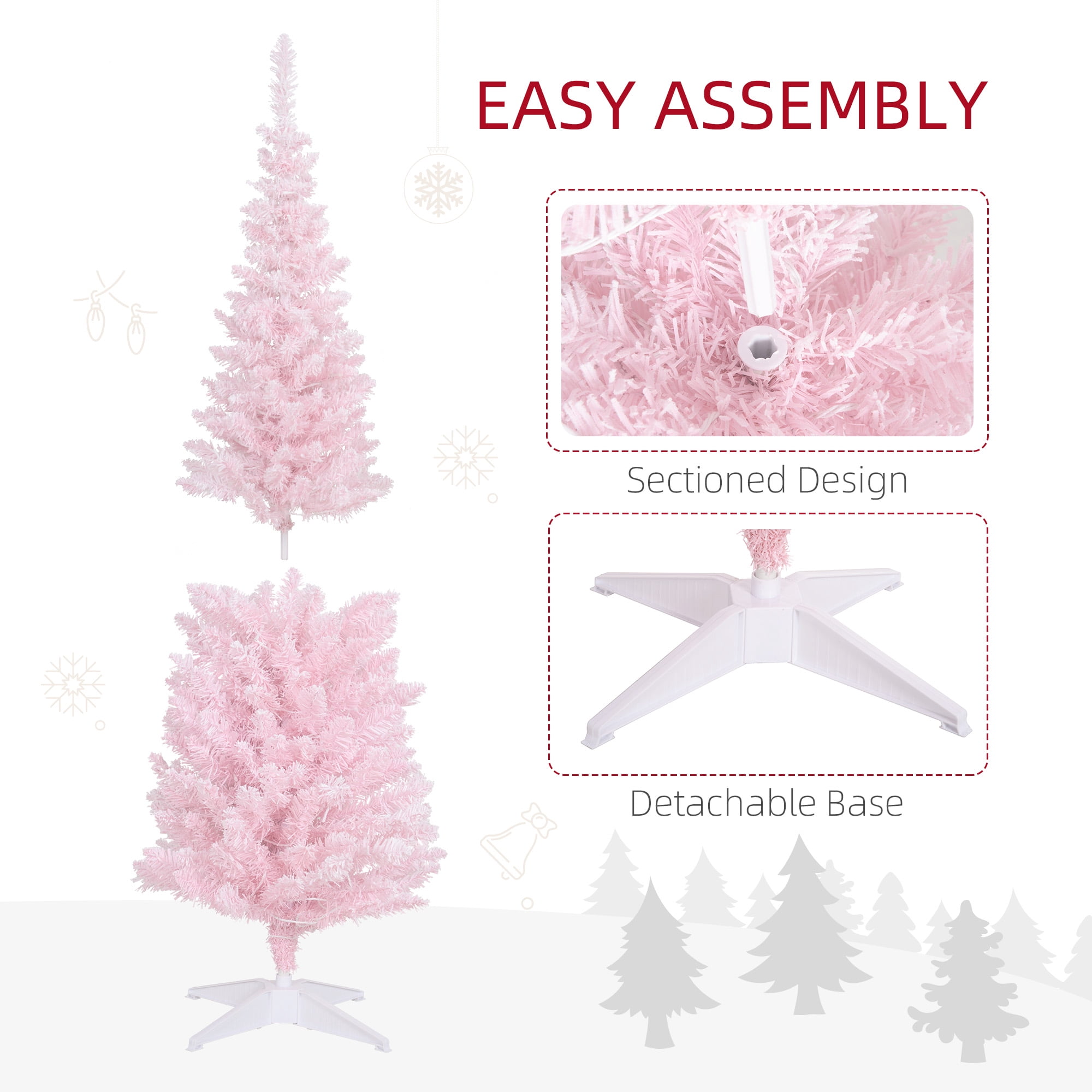 5FT Pink White Snow-Flocked Artificial Christmas Tree, 294 Tips 160 Warm White LEDs, Slim Pencil Design, Flame Retardant Steel Base, Indoor Holiday Decor