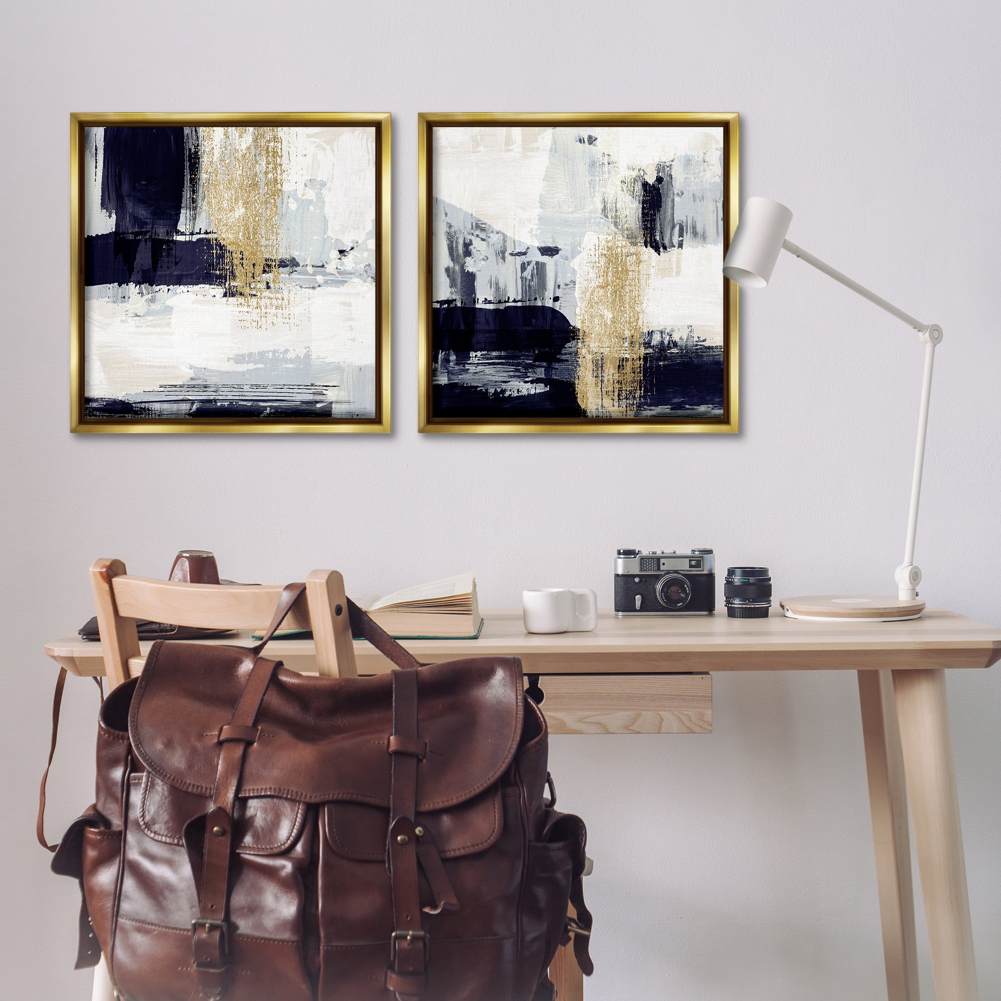 Stupell Industries Patchy Navy Gold Abstract Abstract Painting Gold Floater Framed Canvas Art Print Wall Art, 25 x 25, Set of 2