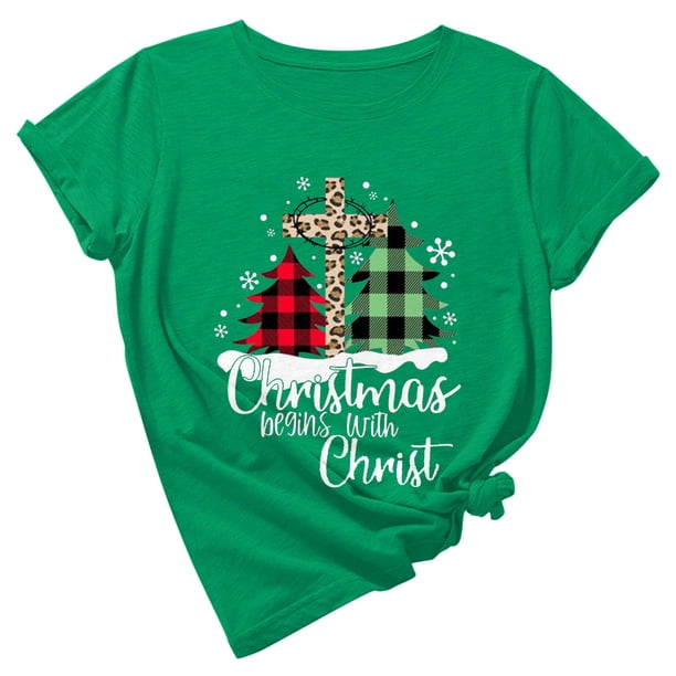 Camisas Navideñas A Cuadros Para Mujer, Cuello Redondo, Entramado, Estampado de Árbol de Navidad, Camisetas de Manga Corta Odeerbi ODB207938