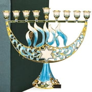 Hand Painted Enamel Menorah Candelabra with a Star of David and Hebrew "Hanukkah" Design and Embellished with Gold Accents and High Quality Crystals by Matashi