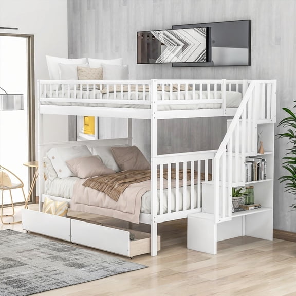 Full over Full Bunk Bed with 2 Drawers & Storage - White | Accommodates 4, Safe & Easy Access