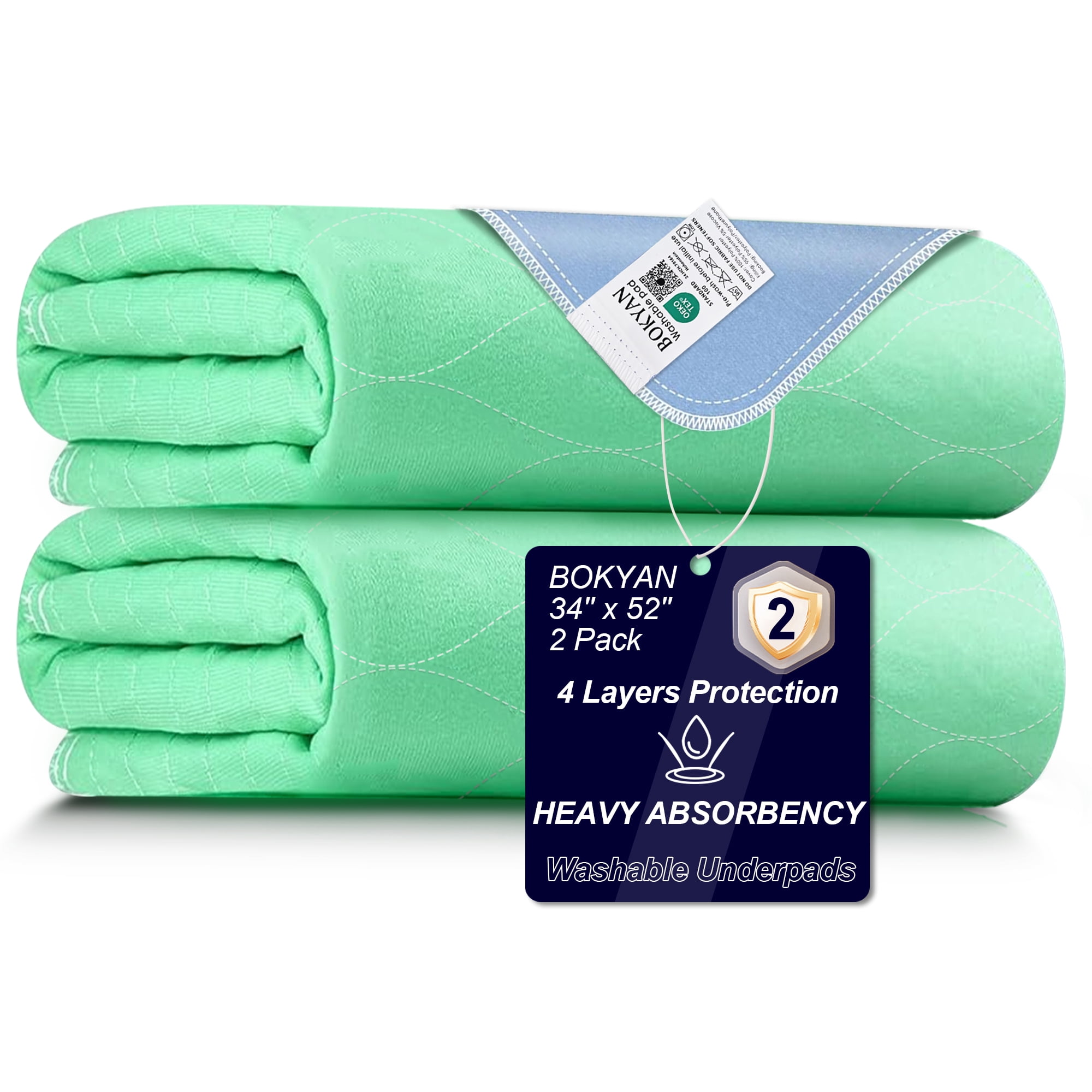 BOKYAN Washable Bed Pads 2 Pack 34"x 52", Reusable Incontinence Underpads with Extra Absorbency for Diaper Changing, Pee Pads, Puppy Pads, Waterproof Floor Protector, Green and Blue