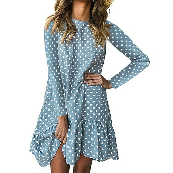 New product introduction,Women Fashion Polka Dot Print Long Sleeve Irregular Ruffle Hem Mini Loose Dress