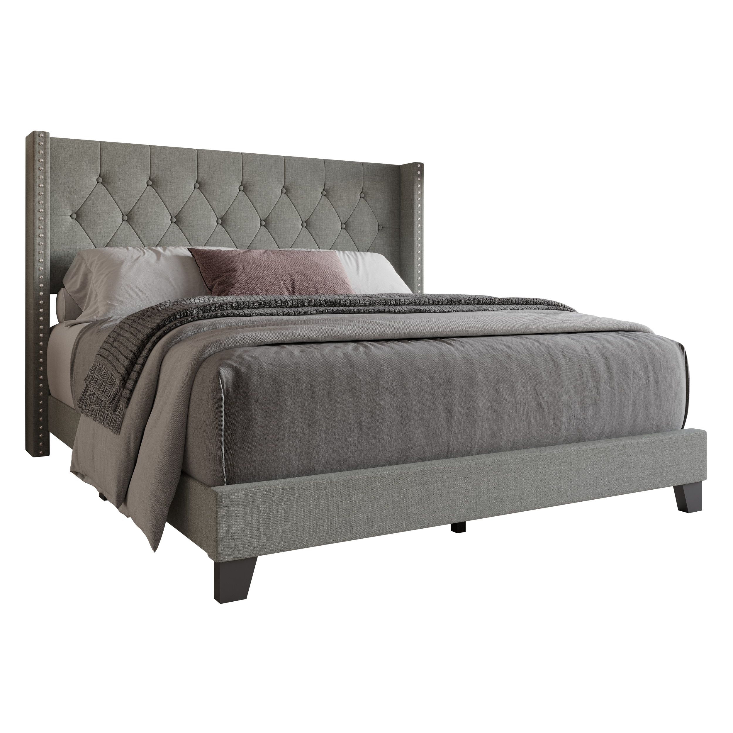 Home Design Homer Queen Button-Tufted Wingback Upholstered Panel Bed Frame with Nailhead Trim design for Adult, Gray, Easy Assembly