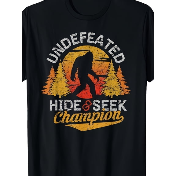 Vintage Bigfoot Hide and Seek Champion Graphic T‑Shirt, Retro Distressed Short Sleeve Crewneck Tee for Men
