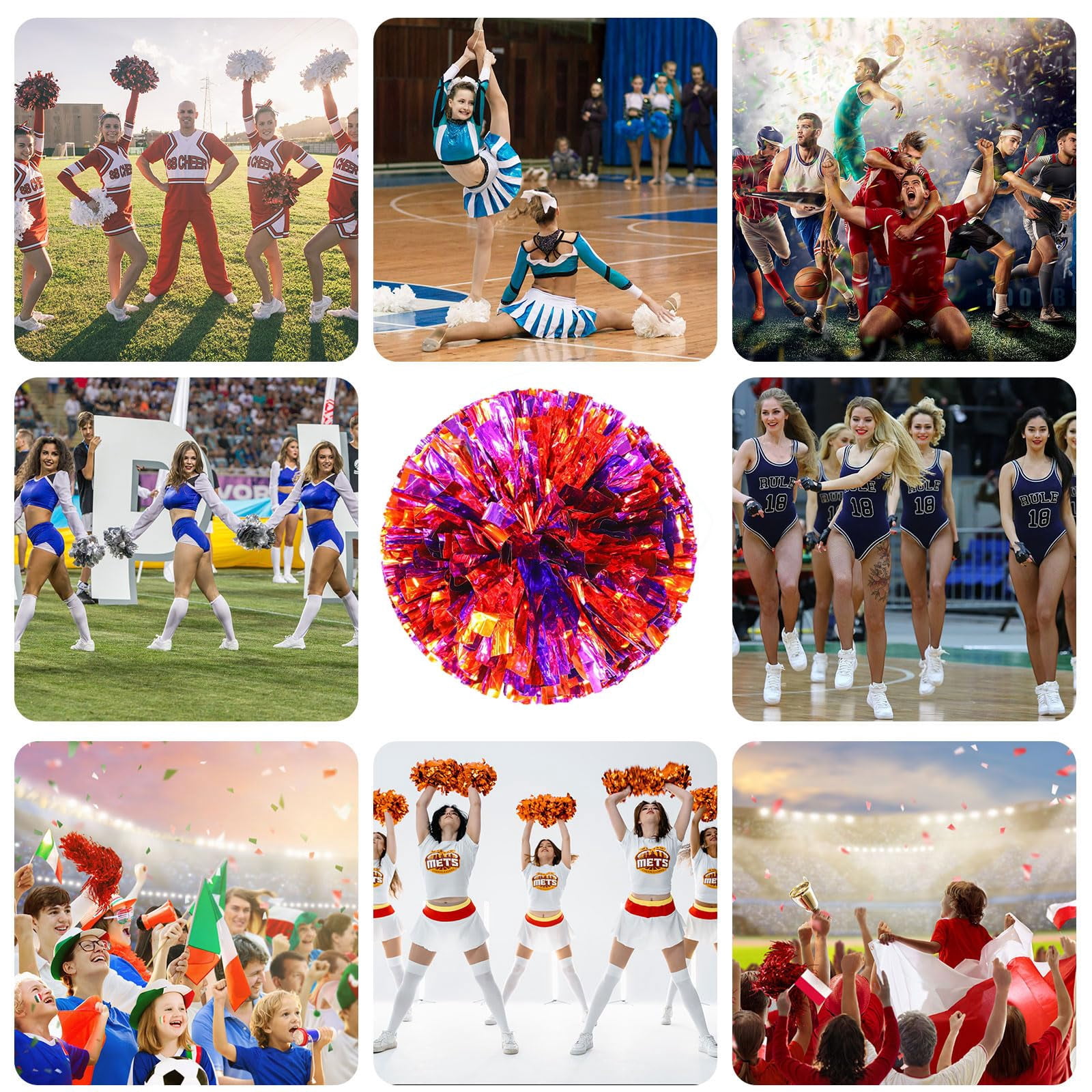 8 Pcs Cheerleading Pom Poms, Cheerleader Pompoms with Finger Holes,Fit for Team Spirit Sports Dance Cheering