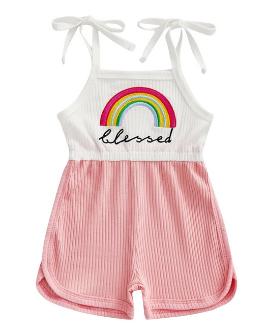 Toddler Baby Girl Sleeveless Halter Jumpsuit Ribbed Romper Shorts Playsuit Rainbow Outfit Cute Summer Clothes 