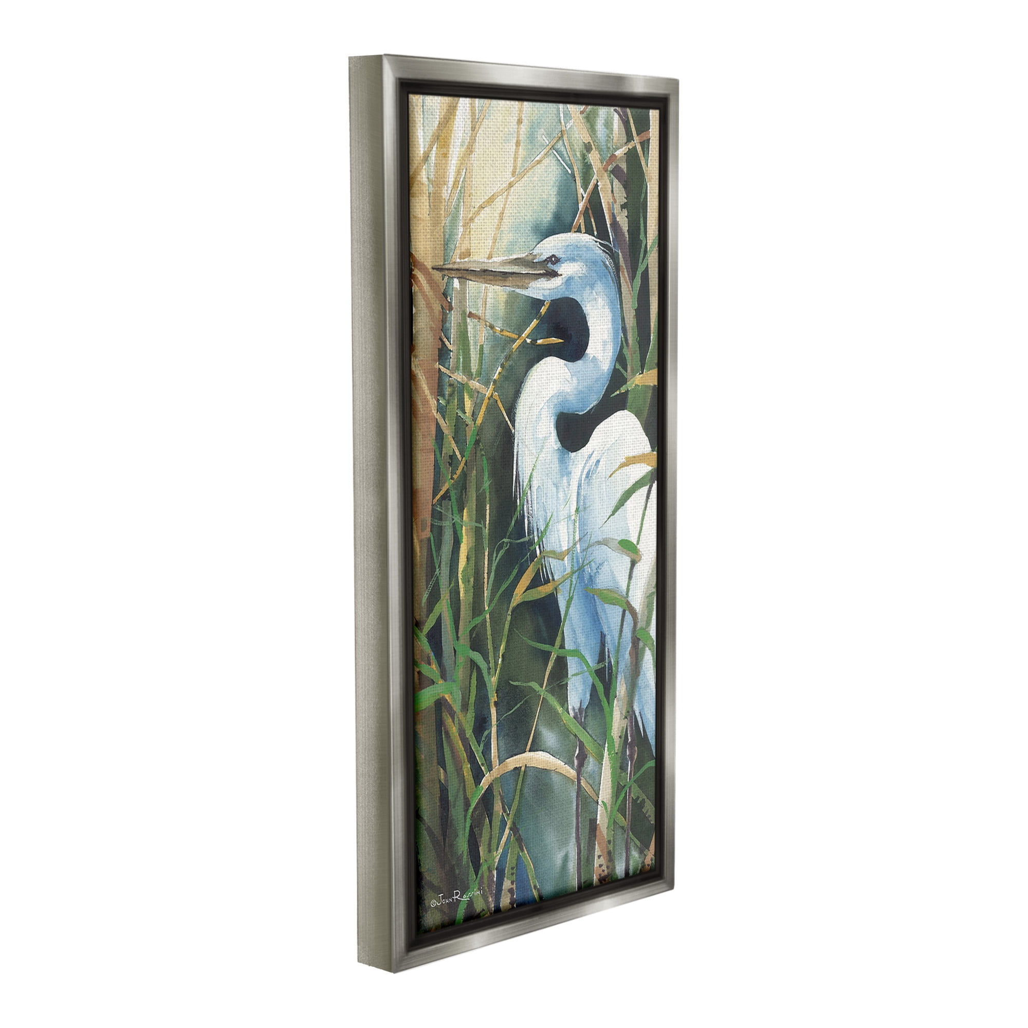 Stupell Industries Egret & Marshland Leaves Animals & Insects Painting Gray Floater Framed Canvas Art Print Wall Art, 11 x 25