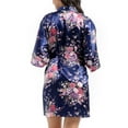 thumbnail image 2 of Defitshape Women's Satin Kimono Robe Lightweight Silk V Neck Pattern Dressing Gown Floral Print Bathrobe Short Belted Spa Sleepwear Bridal Bride 3/4 Sleeve Navy XX-Large, 2 of 5