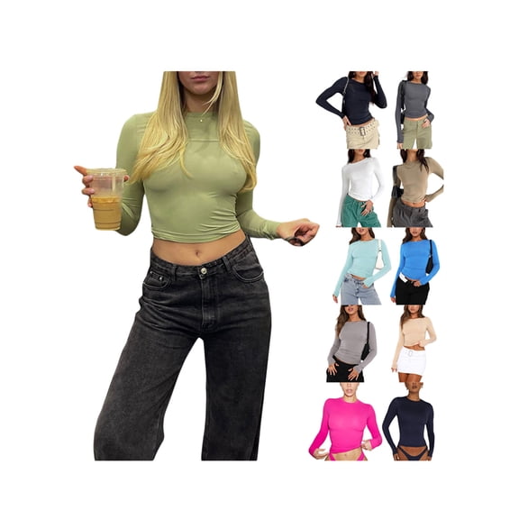 Baby Sweetie Womens Long Sleeve Crop Tops Basic Slim Fitted Shirts Round Neck Streetwear Blouse Teen Girl Clothes