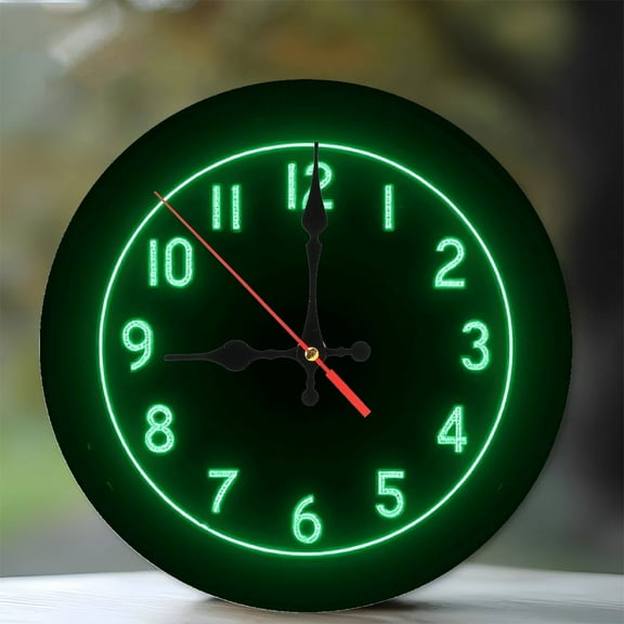 Green Neon Clock Wall Decor Room Lighting 10-Inch Silent Wooden Wall Clock, Battery Operated (AA Batteries Not Included), Artistic Home Decor