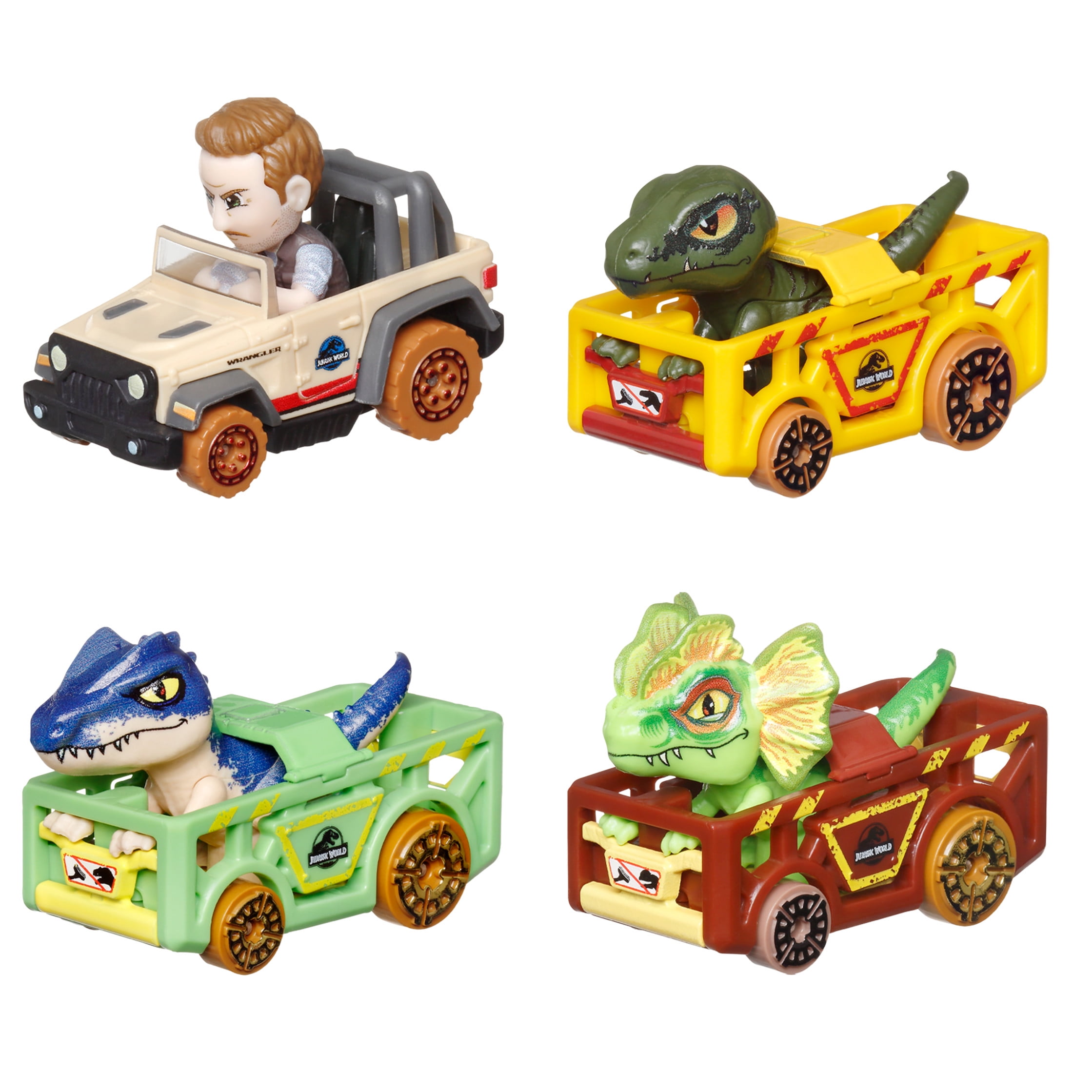 Hot Wheels RacerVerse, Set of 4 Car & Truck Play Vehicles with Jurassic World Characters as Drivers