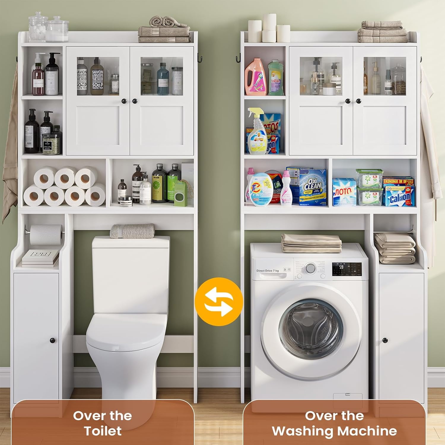 Over The Toilet Storage Cabinet with 3 Doors, Farmhouse Space Saver for Bathroom Organizer with Paper Holder, 10 Shelves and Hooks, 7-Tier Over Washing Machine Cabinet for Laundry, Bathroom, White