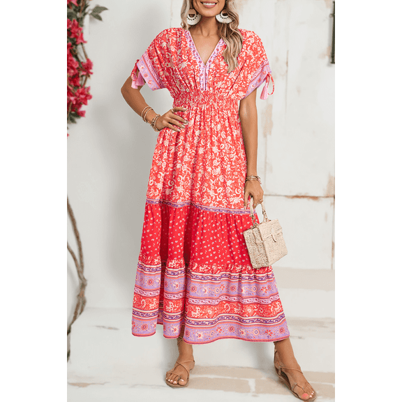 Floral Print Tasseled Tied Sleeve Empire Waist Maxi Dress